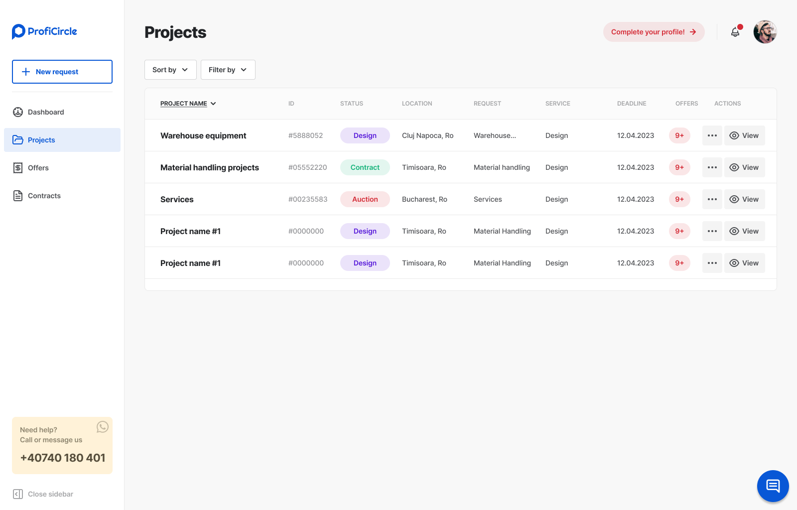 Projects table on Proficircle app