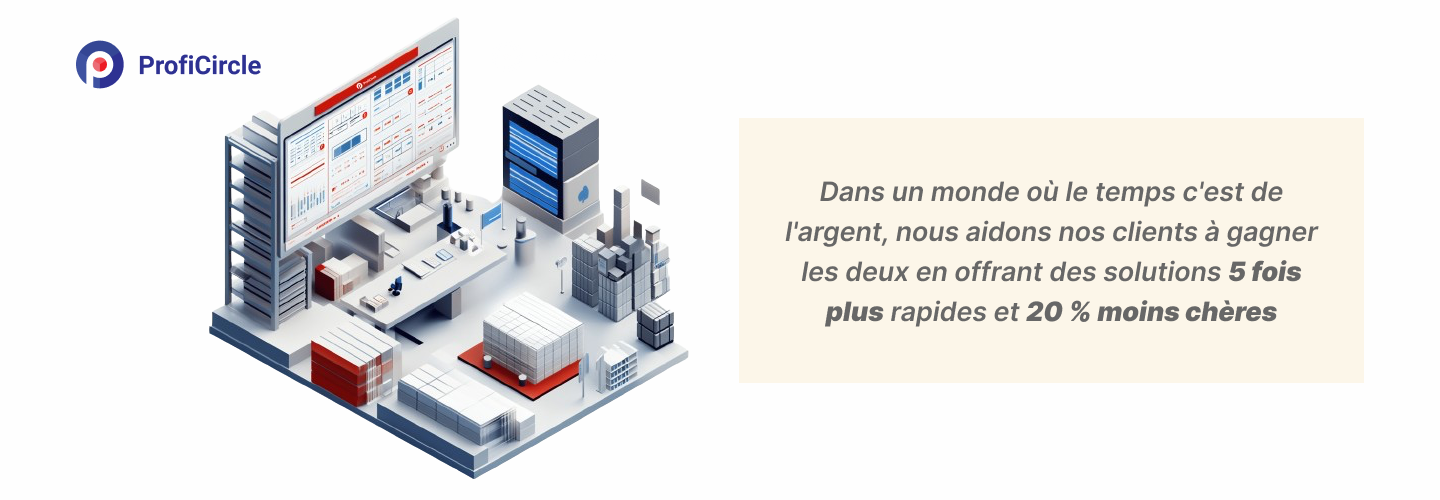 Illustration de la plateforme numérique ProfiCircle présentant un processus optimisé de sourcing d'entrepôt, avec l'interface de la plateforme affichée sur un grand écran entouré de représentations graphiques d'entrepôts, d'étagères et de systèmes informatiques.